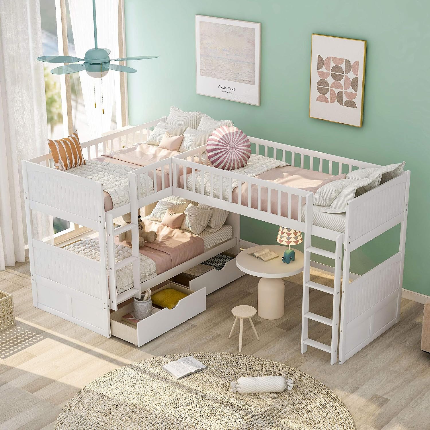 Flieks Triple Bed Twin-Over-Twin-Over-Twin Bed L Shaped Bunk Bed with 2 Drawers and 2 Ladders, No Box Spring Needed