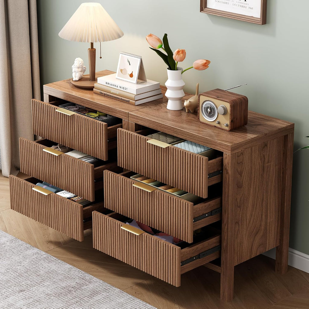 Nightstand with 3 Drawers, Dresser and Nightstand Sets, Bedside Tables, Mid Century Nightstands with 3 Wide Drawers for Bedroom, Kids' Room, Hallway - Walnut