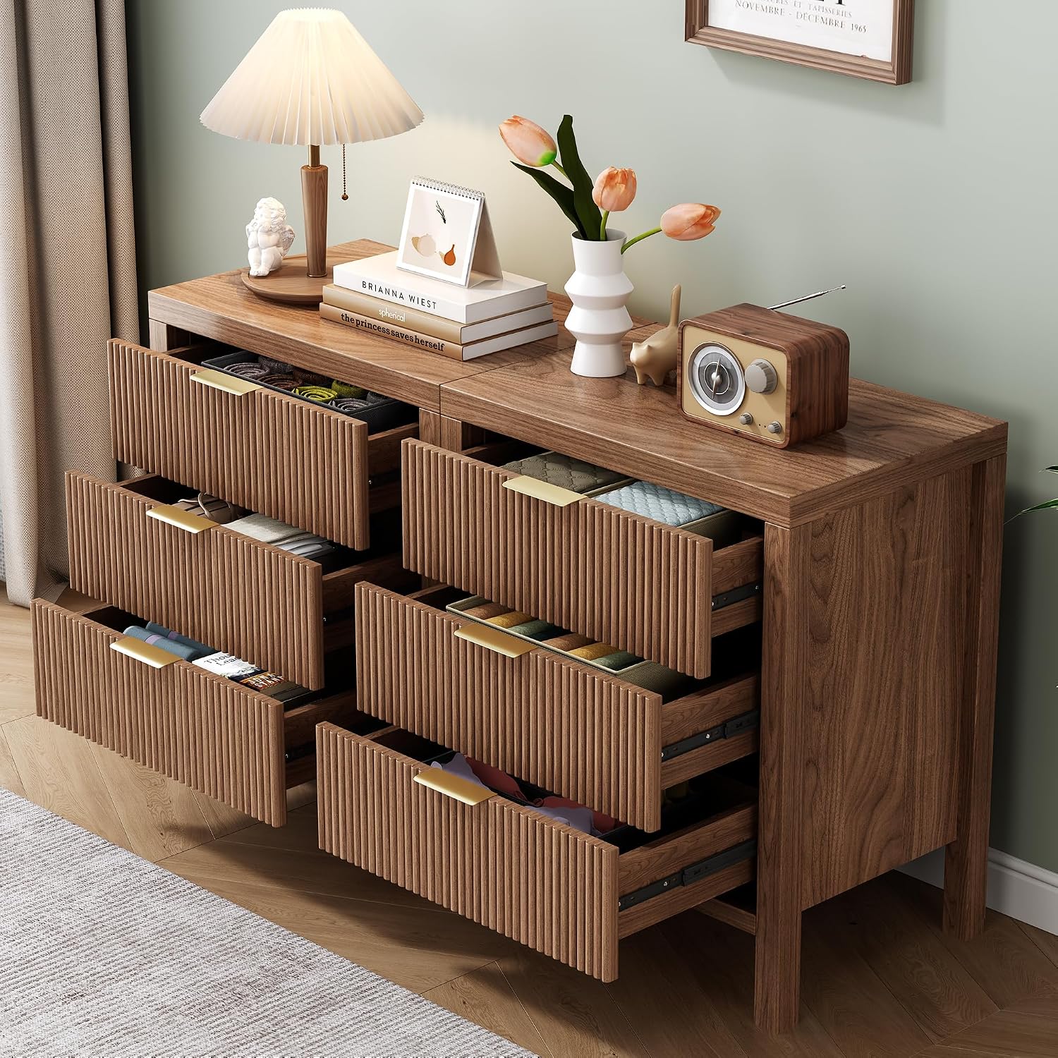 Nightstand with 3 Drawers, Dresser and Nightstand Sets, Bedside Tables, Mid Century Nightstands with 3 Wide Drawers for Bedroom, Kids' Room, Hallway - Walnut