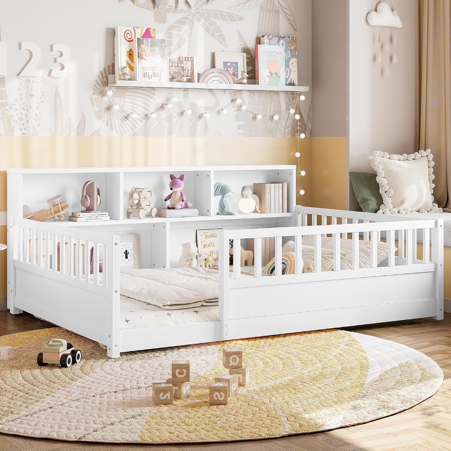 JIJIWANG Twin Size Floor Bed for Kids, Wooden Montessori Bed Frame with Bookcase, Storage Shelves & Safety Fence Rails, Floor Beds Full for Girls, Boys, No Box Spring Needed, Without Slats, White