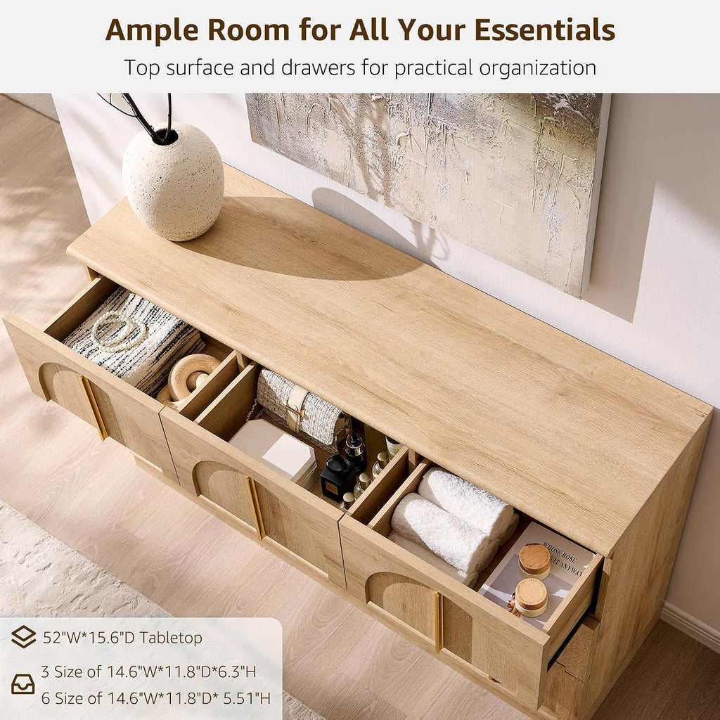 ACCOHOHO Arched Dresser for Bedroom with 9 Drawers, 52' Wide Modern Chest of Drawers with Rounded Edge & Metal Handles, Wood Storage Closet Dressers TV Stand for Living Room, Hallway, Natural Oak