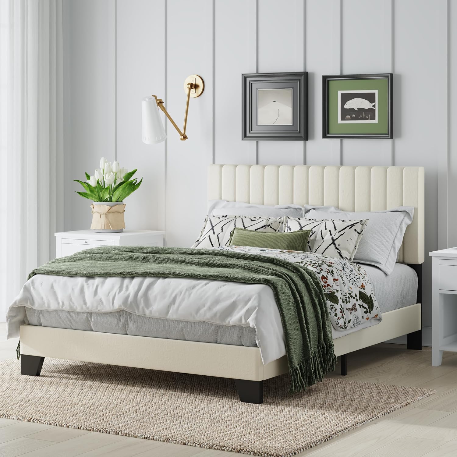Full Size Bed Frame, Velvet Upholstered Platform Bed with Adjustable Tufted Headboard, Sturdy Frame and Slats, No Noiseless, No Box Spring Required, Easy Assembly, Beige