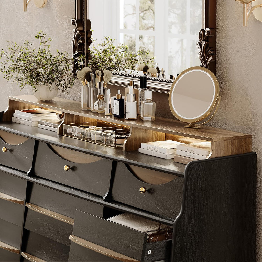 63' W 9-Drawer Black Dresser for Bedroom, Modern Wood Chest of Drawers w/LED Light, Round Knobs & Solid Wood Handles, Long Wooden Dresser TV Stand w/Shelf for TVs up to 75', Curved Profile Design