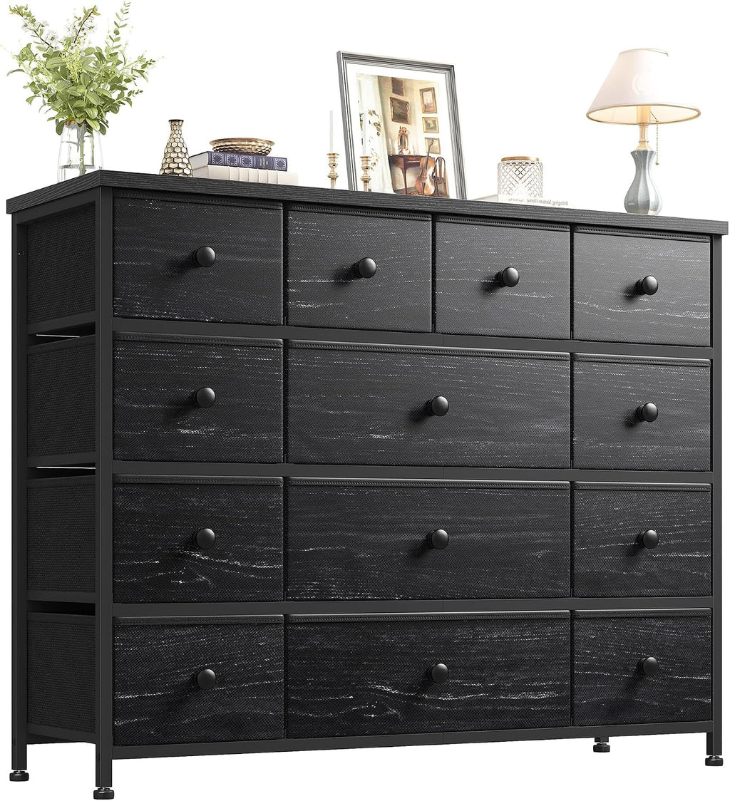 EnHomee Black Dresser with 13 Fabric Drawers TV Stand for Bedroom for 45 Inch TV Chests of Drawers for Living Room, Entryway, Wood Top and Sturdy Frame