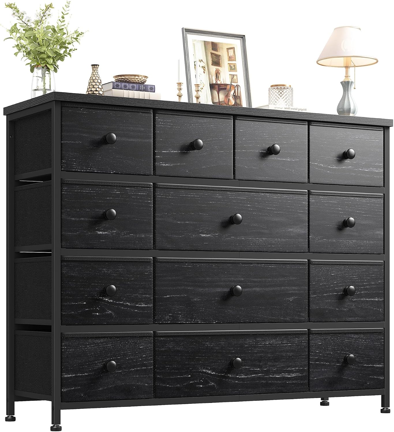 EnHomee Black Dresser with 13 Fabric Drawers TV Stand for Bedroom for 45 Inch TV Chests of Drawers for Living Room, Entryway, Wood Top and Sturdy Frame