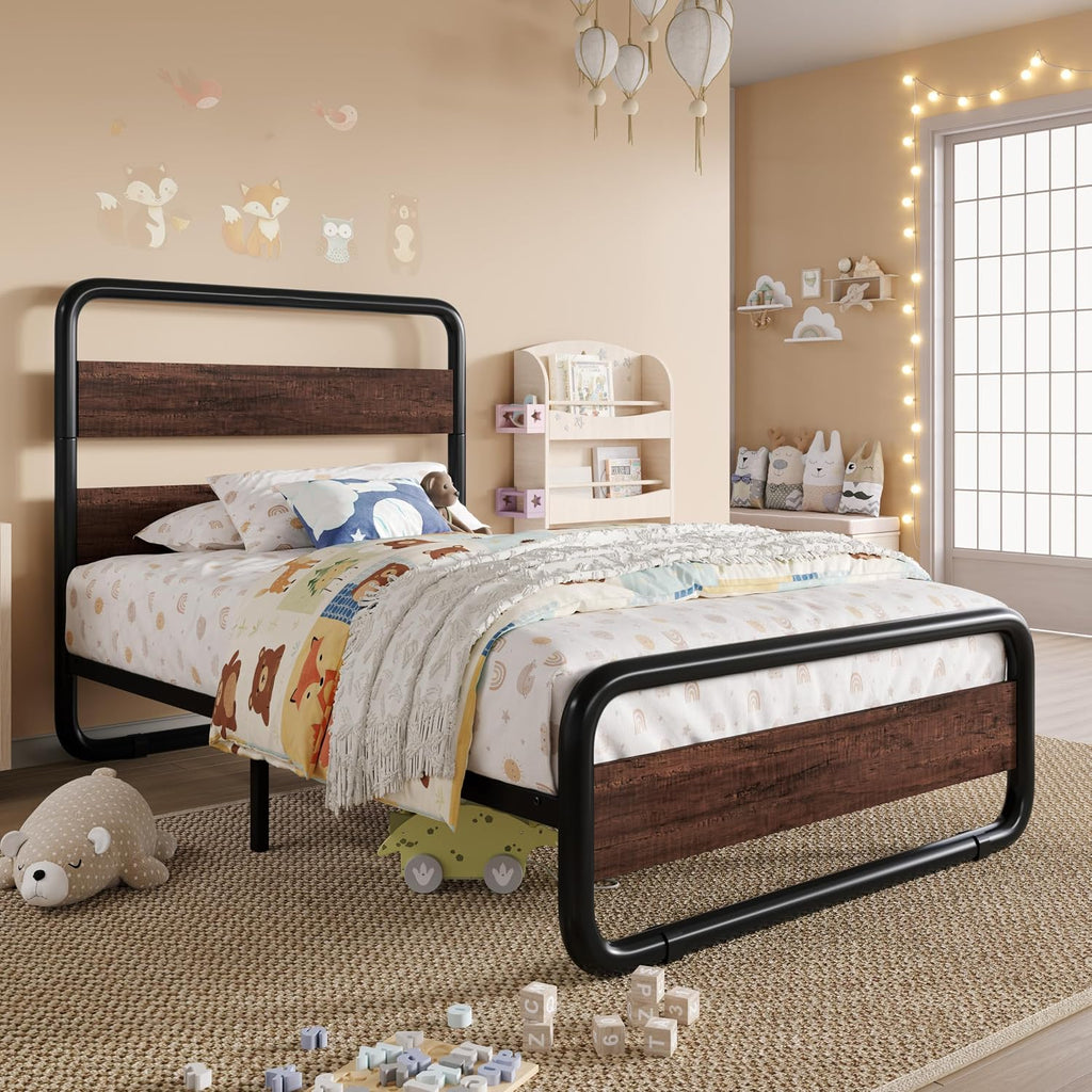 SHA CERLIN Twin Size Metal Bed Frame with Wooden Headboard and Footboard, Heavy Duty Oval-Shaped Platform Bed Frame with 10' Under-Bed Storage, Heavy Duty Slats Support, No Box Spring Needed, Mahogany
