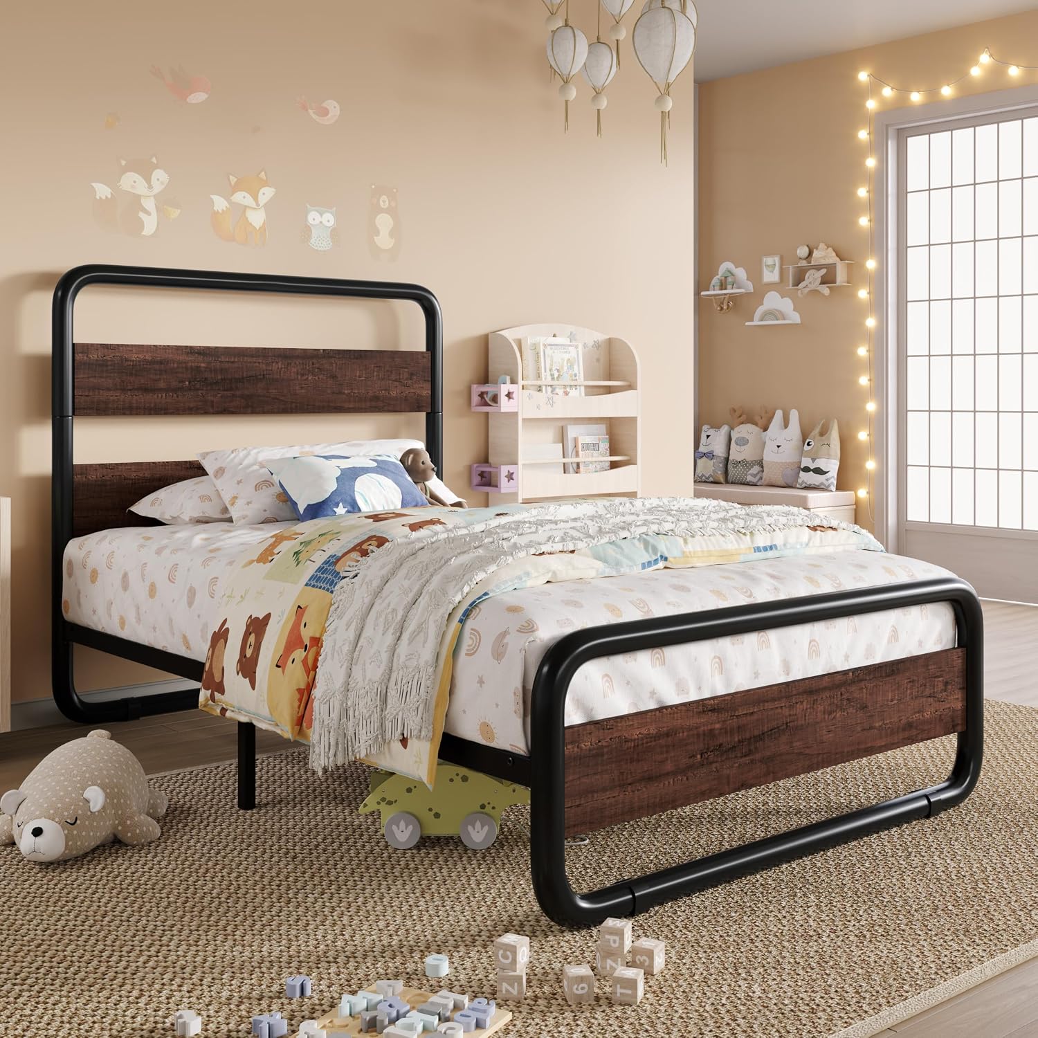 SHA CERLIN Twin Size Metal Bed Frame with Wooden Headboard and Footboard, Heavy Duty Oval-Shaped Platform Bed Frame with 10' Under-Bed Storage, Heavy Duty Slats Support, No Box Spring Needed, Mahogany