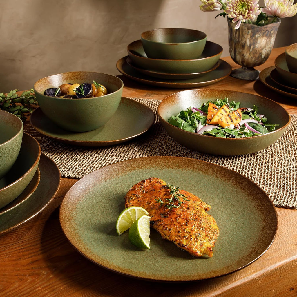 Bloomhouse - Two Time Oprah's Favorite Things Winner - Palermo Sun Double Bowl Stoneware Reactive Glaze Plates and Bowls Dinnerware Set - Cardamom Green, Service for Four (16pcs)