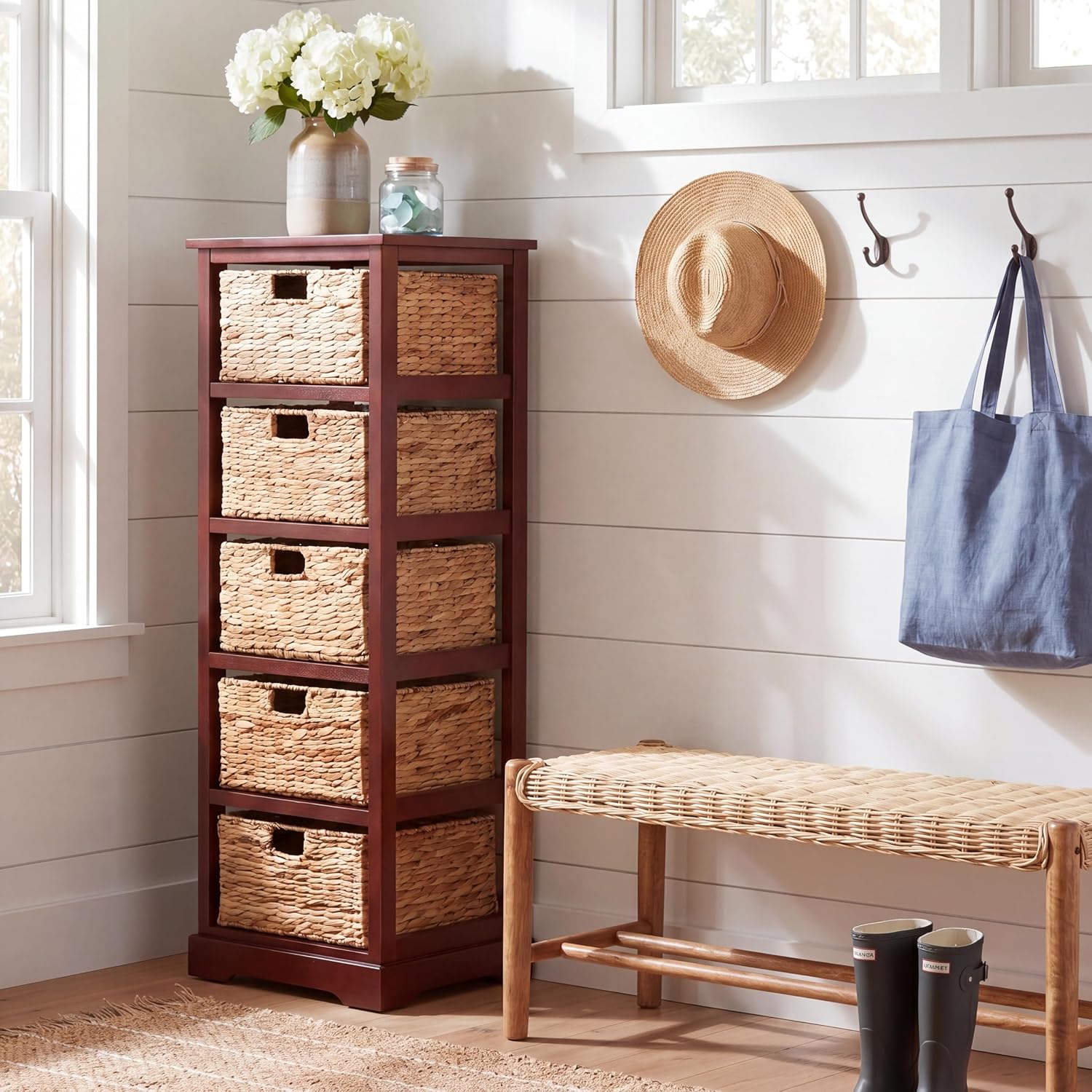 SAFAVIEH Furniture - Vedette 5-Basket Storage Tower - Cherry - Solid Wood - Coastal Basket Tower Design - Ideal for Entryway, Living Room, 17.5'W x 13.5'D x 46'H - Fully Assembled (AMH5739C)