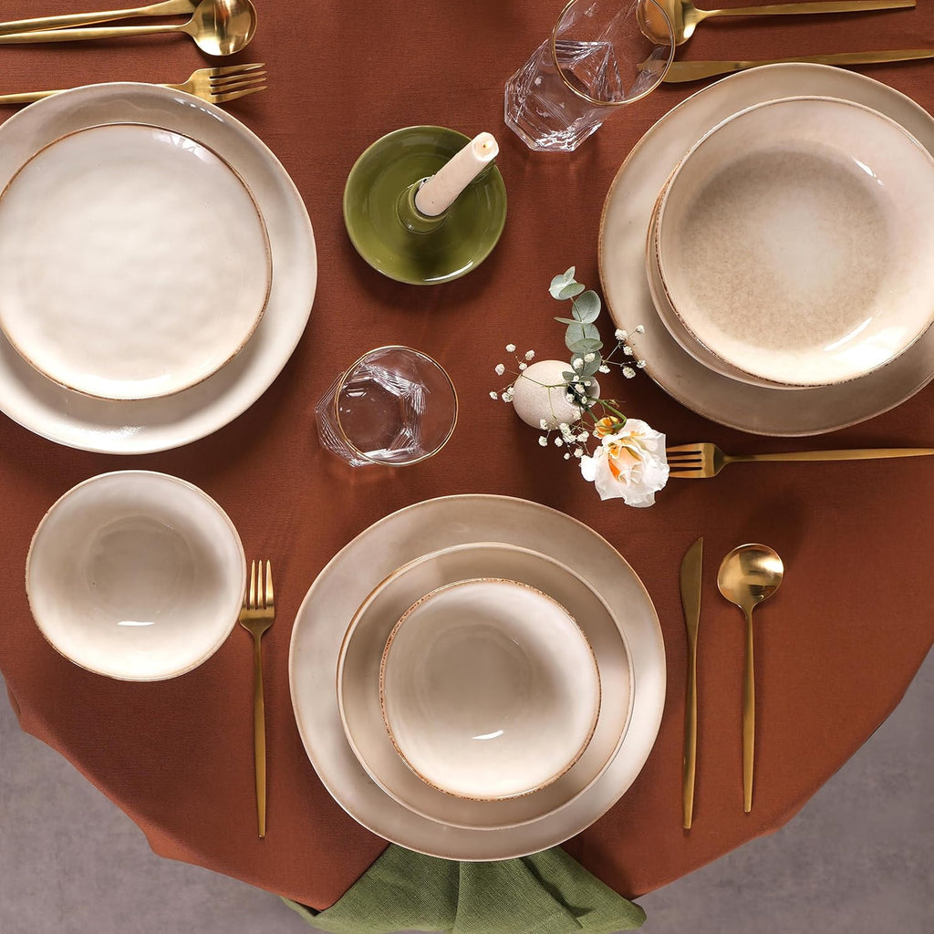 Karaca Aria Reactive Stoneware Plates & Bowls Sets - Ceramic Dinnerware Sets for 6, 24 Piece Microwave Safe Dish Set incl. Dinner Plate Set with Pasta Bowls, Side Plates and Cereal Bowl - Beige