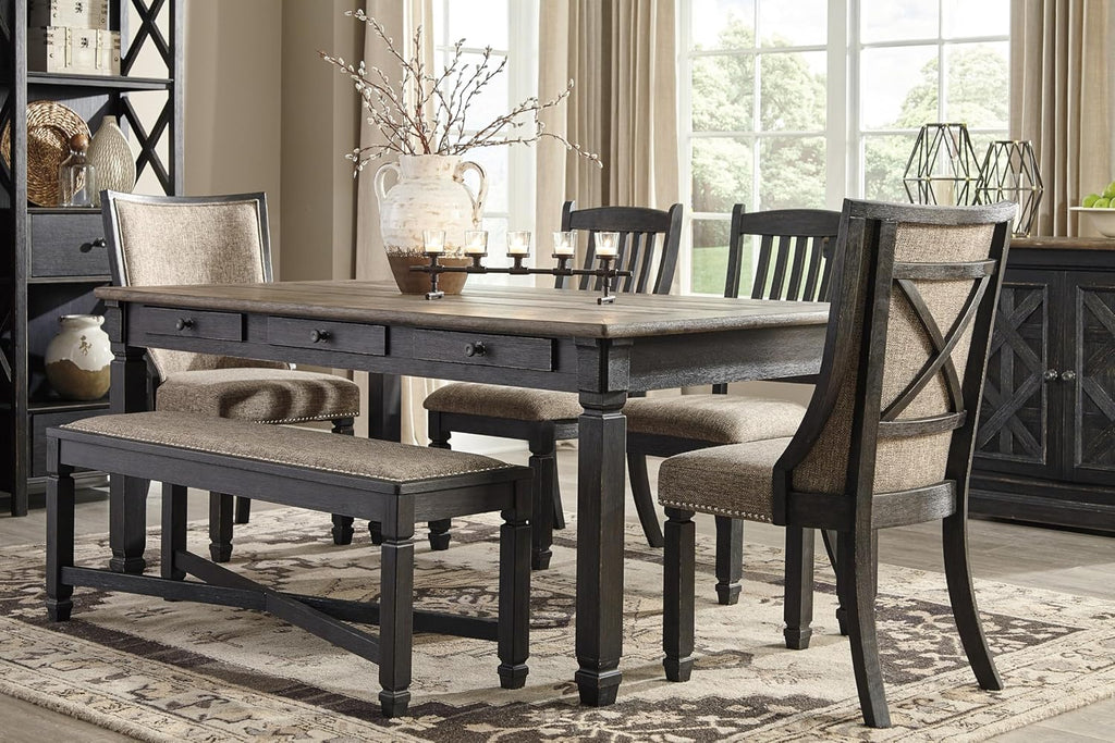 Signature Design by Ashley Tyler Creek Farmhouse Upholstered Dining Room Bench with Tapered Legs, Heavy Woven Fabric, Wood, 19.5' High Seat, Black & Gray