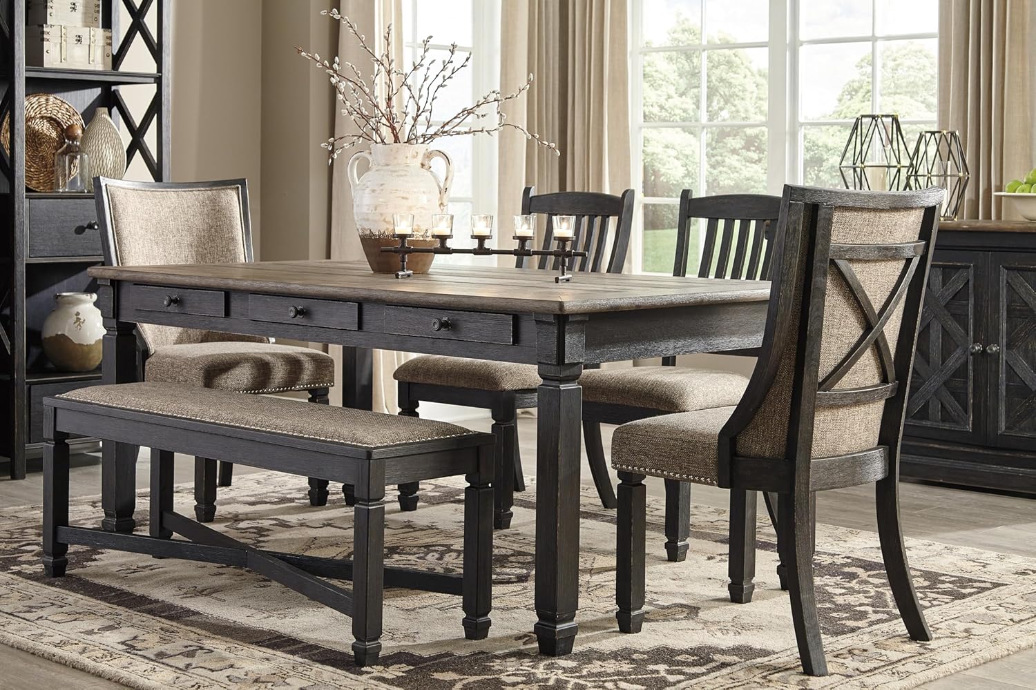 Signature Design by Ashley Tyler Creek Farmhouse Upholstered Dining Room Bench with Tapered Legs, Heavy Woven Fabric, Wood, 19.5' High Seat, Black & Gray