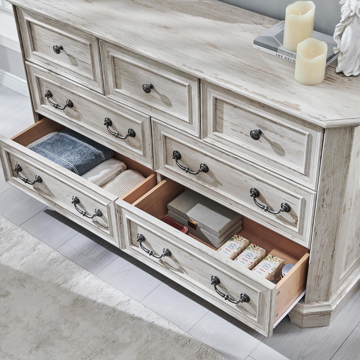 T4TREAM Farmhouse 7 Drawers Dresser for Bedroom, 54' Wide Wood Rustic Chest of Drawers with Natural Texture, Vintage Design, Storage Dressers Organizer for Bedroom, Living Room, Distressed White