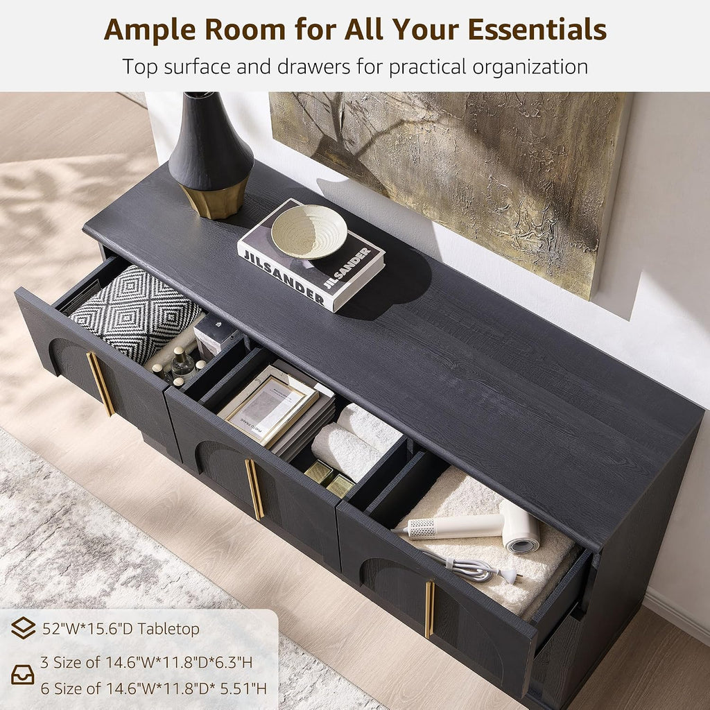 ACCOHOHO Arched Dresser for Bedroom with 9 Drawers, 52' Wide Modern Chest of Drawers with Rounded Edge & Metal Handles, Wood Storage Closet Dressers TV Stand for Living Room, Hallway, Black