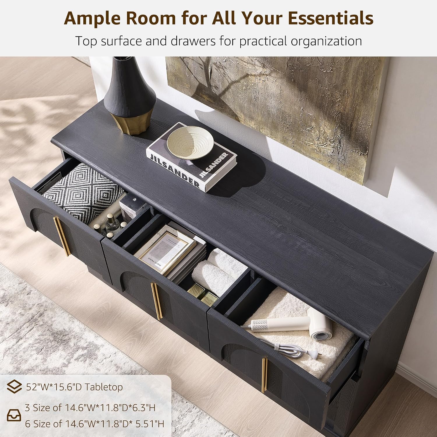 ACCOHOHO Arched Dresser for Bedroom with 9 Drawers, 52' Wide Modern Chest of Drawers with Rounded Edge & Metal Handles, Wood Storage Closet Dressers TV Stand for Living Room, Hallway, Black