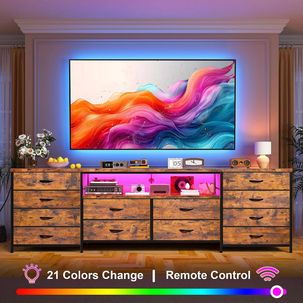 EnHomee 63' W TV Stand Fits 65/70 Inch TV, 12 Drawers Dresser with LED Lights & Power Outlets, Entertainment Center Long Fabric Dresser for Bedroom, Living Room, Hallway, Rustic Brown