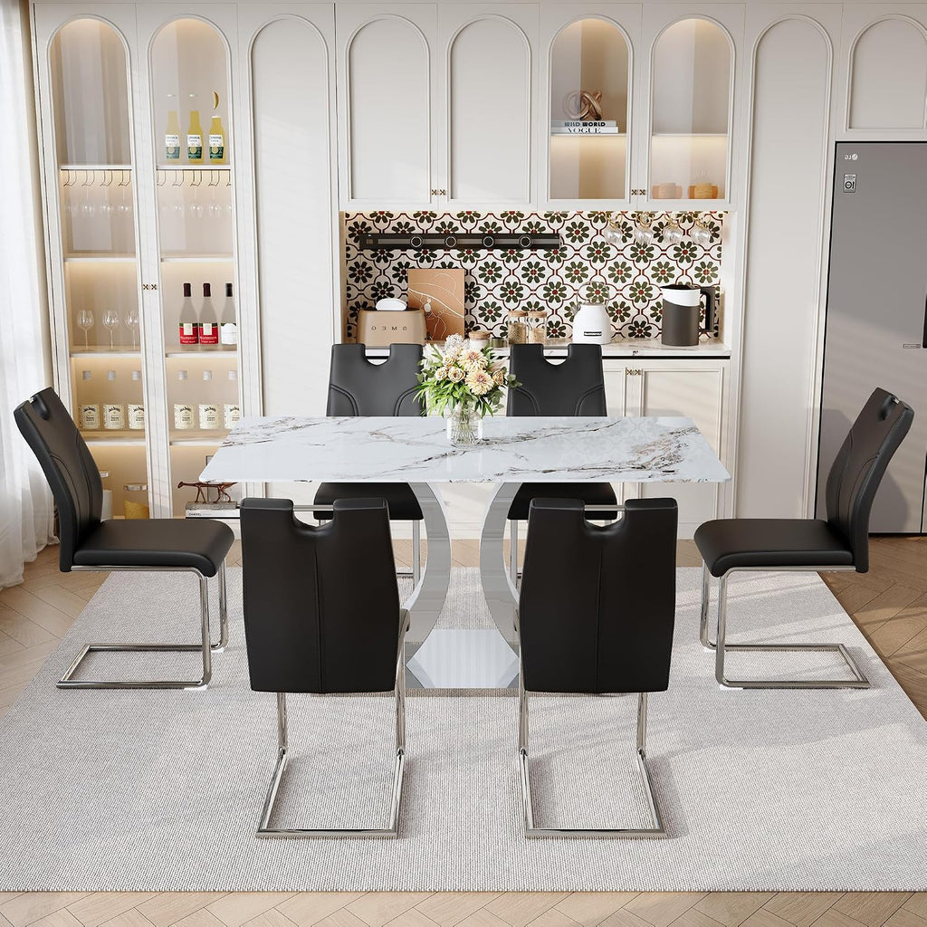 Dining Chairs Set of 6 Modern PU Kitchen Chairs with High Back,Soft Cushion Chrome Metal Legs for Dining Room,Living Room, Bedroom (Black+Silver, Set of 6)