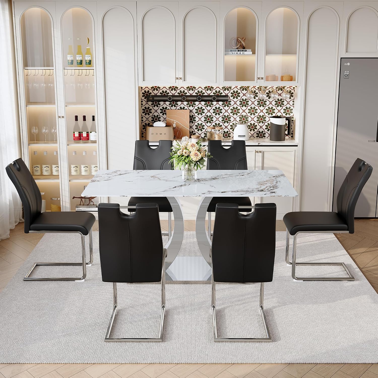 Dining Chairs Set of 6 Modern PU Kitchen Chairs with High Back,Soft Cushion Chrome Metal Legs for Dining Room,Living Room, Bedroom (Black+Silver, Set of 6)