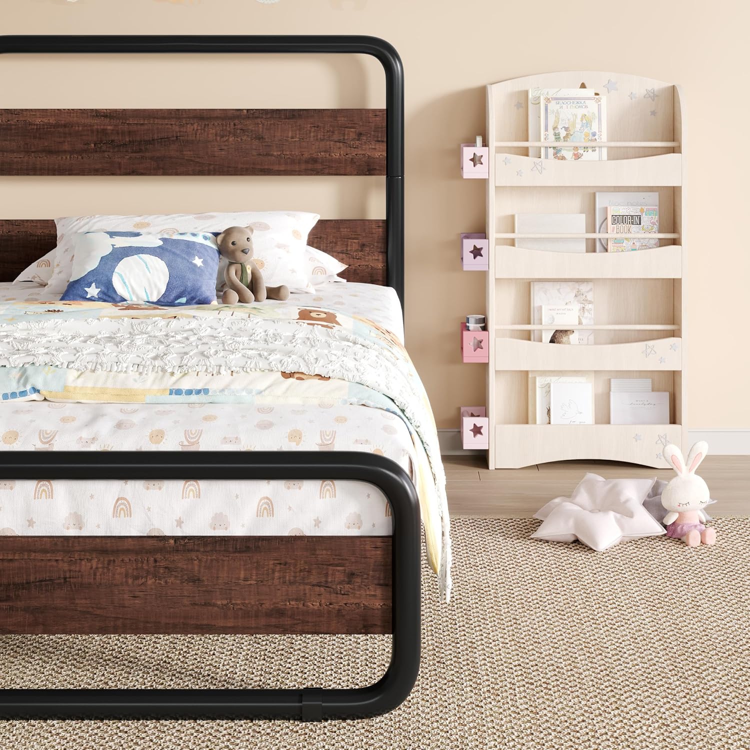 SHA CERLIN Twin Size Metal Bed Frame with Wooden Headboard and Footboard, Heavy Duty Oval-Shaped Platform Bed Frame with 10' Under-Bed Storage, Heavy Duty Slats Support, No Box Spring Needed, Mahogany