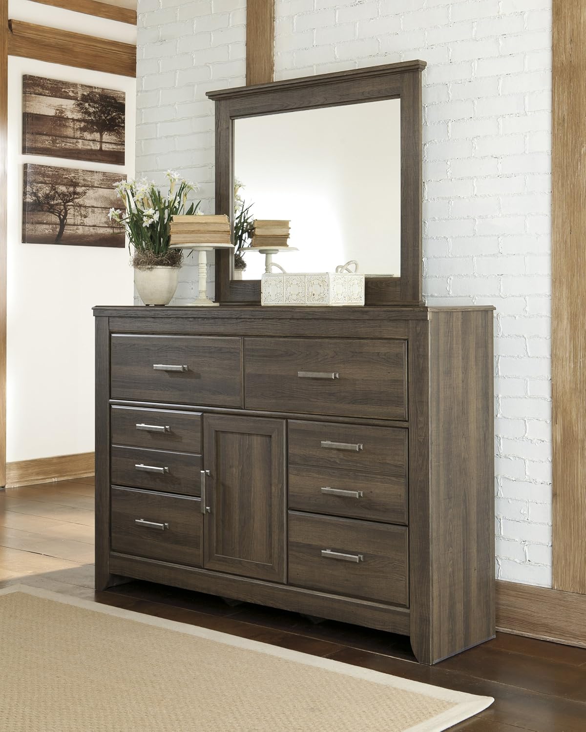 Signature Design by Ashley Juararo Vintage Smooth-Gliding 6-Drawer Dresser and Mirror with Safety Stop, Cabinet and Adjustable Shelf, Dark Brown