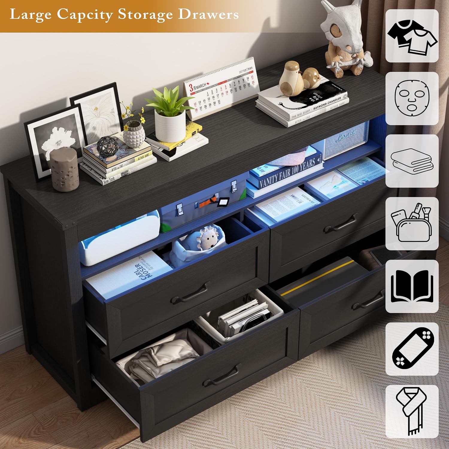 Wodeer Black Dresser for Bedroom, Wood 4 Drawer Dresser with LED Light, Dressers & Chests of Drawers with Metal Handles, Storage and Organization for Bedroom, Hallway, Entryway