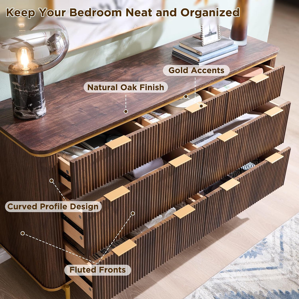 T4TREAM Fluted 7 Drawers Dresser for Bedroom, 54' Wide Modern Dresser TV Stand, Gold Accents, Fluted Fronts, Wood Storage Dressers Organizer for Bedroom, Living Room, Dark Walnut
