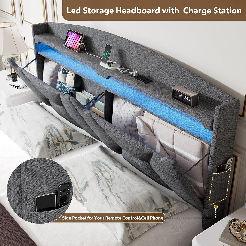 Full Bed Frame with Storage Headboard, Upholstered LED Bed Frame with 2 Storage Drawers Charging Station,Wood Slats Support, No Box Spring Needed, Noise Free, Grey