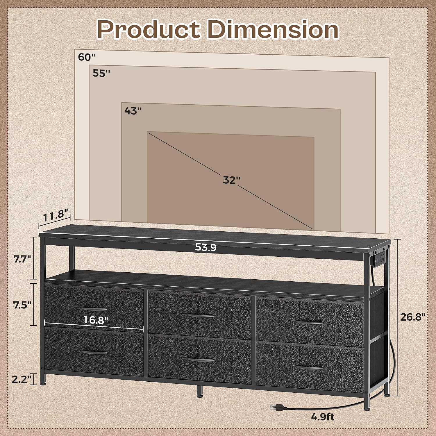 Huuger LED TV Stand for Bedroom, 55 Inch Fabric Dresser with Power Outlets, Entertainment Center for 60, 55, 50 Inch TV, 6 Drawer Dresser for Bedroom, Chest of Drawers with Shlef, PU Leather, Black