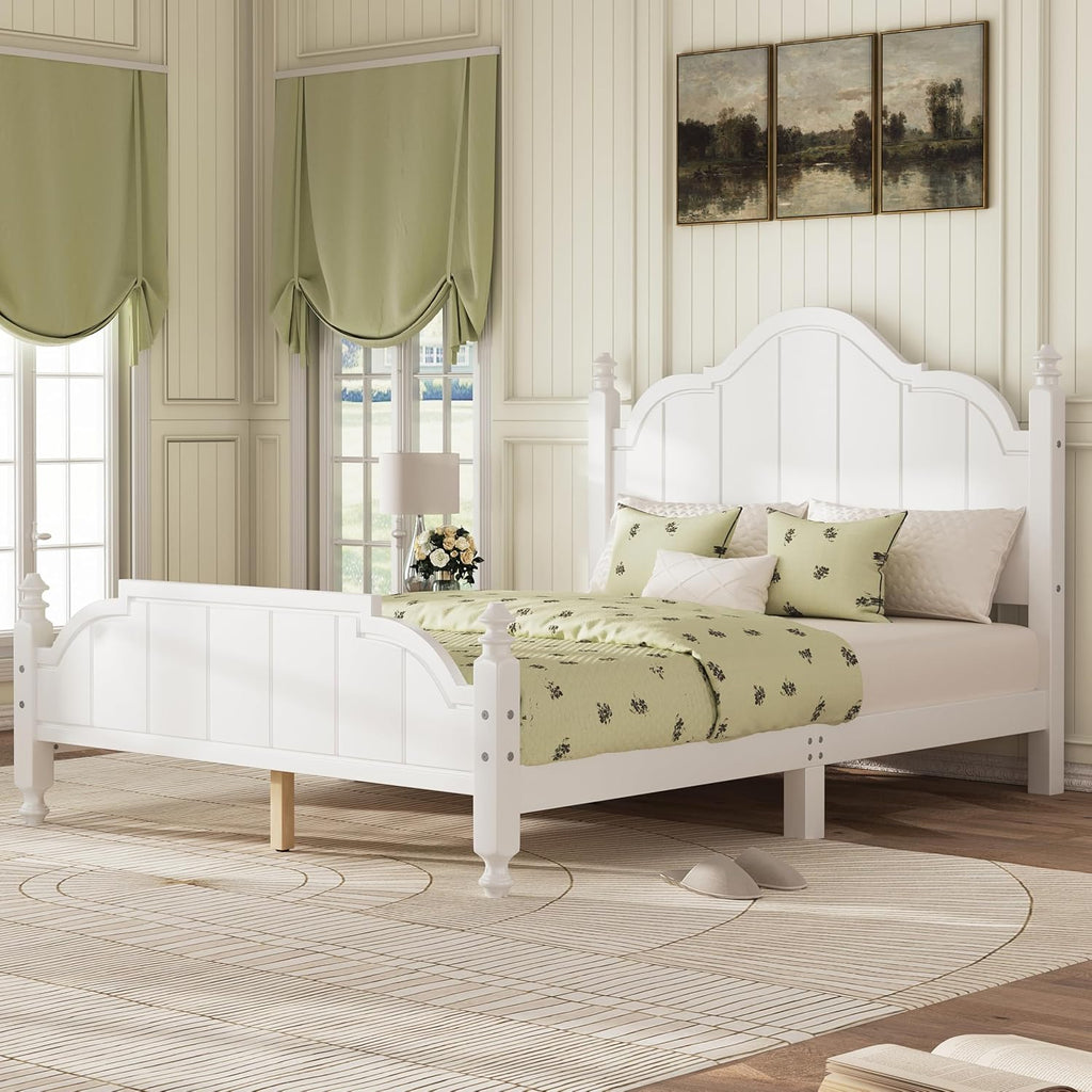 JIVOIT Vintage Wooden Bed Frame, Full Size Platform Bed with Wide Headboard, Wood Slats Support, No Spring Box Needed, Easy Assembly (White-Full,2)