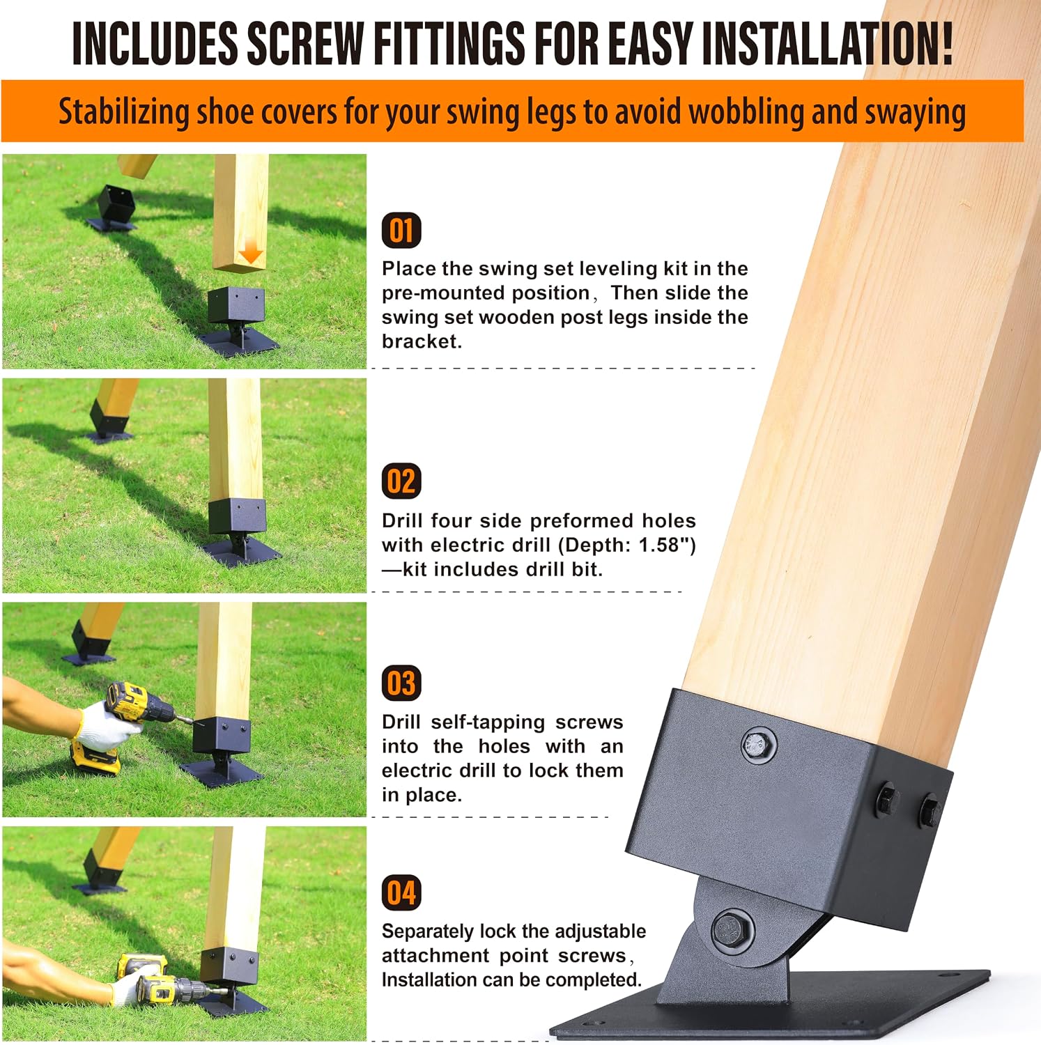 4-Pack Heavy Duty Swing Leveling Base Brackets 45-60 Angle Range Swing Set Brackets Stainless Steel Swing Anchor Leveling Kit Brackets Level on Uneven Ground Fits Grass Gravel and Hard Ground