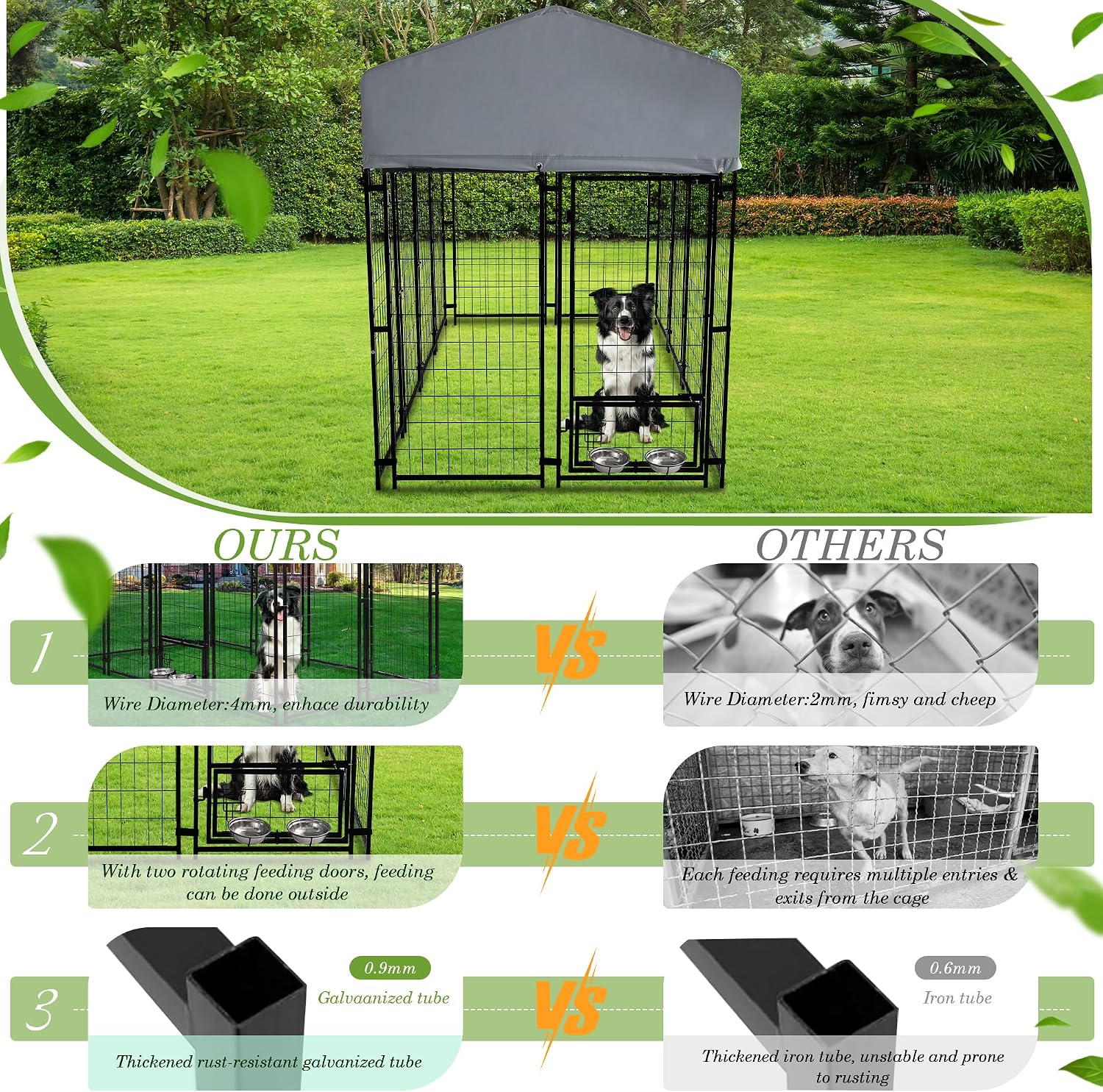 Grepatio Outside Dog Kennel for Large Dogs, 8x4x5.7 FT Outdoor Dog Kennels with Waterproof, Heavy Duty Dog Enclosure with 2 Rotating Dogs Bowls, Dog Run Playpen Fence with Secure Lock