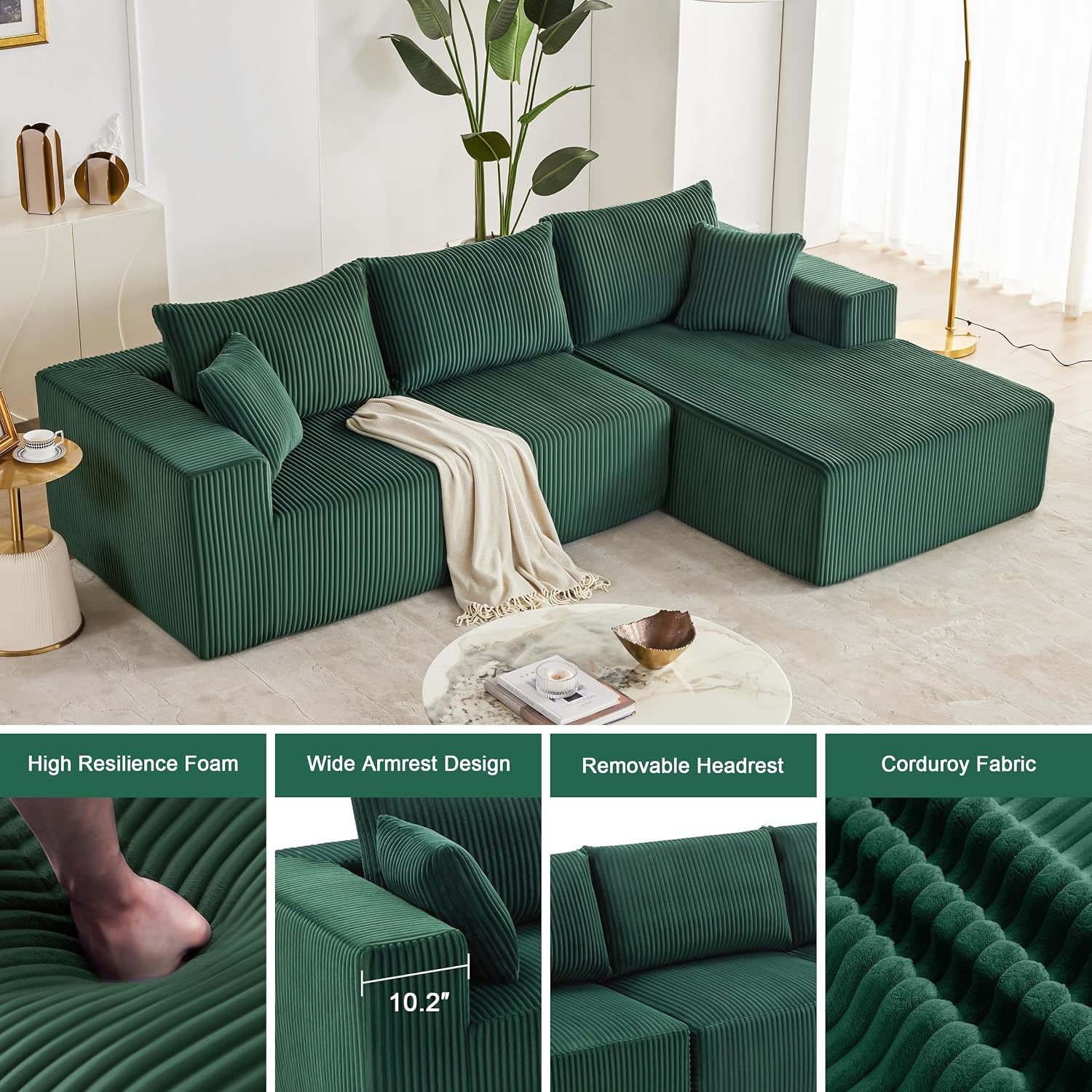 Weture 108' Modular Sectional Sofa, Cloud Sectional Couch with Deep Seat, Modern Modular L-Shape Sofa with Chaise,Upholstered Boneless Couches for Living Room Bedroom (Corduroy, Green)