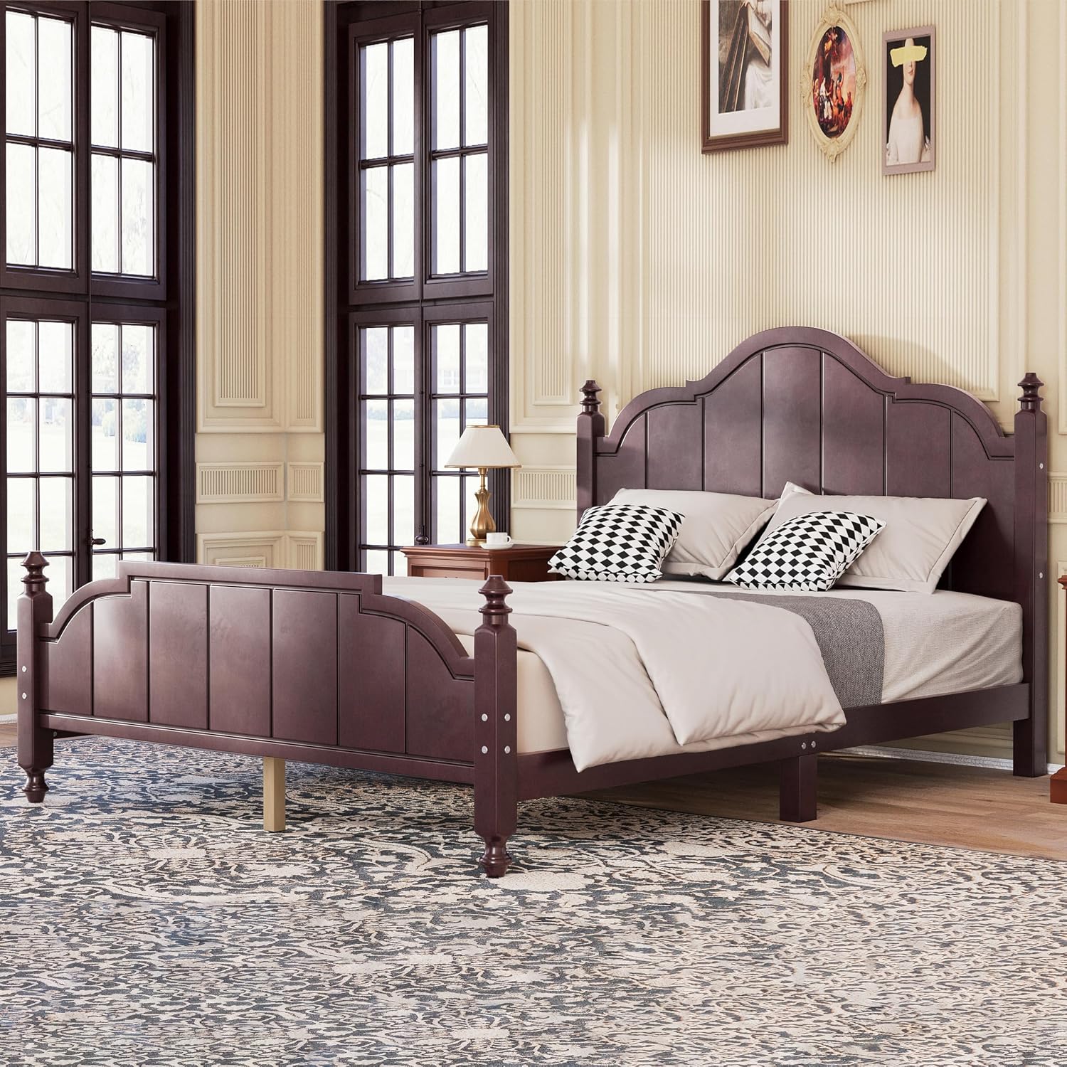 JIVOIT Vintage Wooden Bed Frame, Queen Size Platform Bed with Wide Headboard, Wood Slats Support, No Spring Box Needed, Easy Assembly (Espresso-Queen,2)