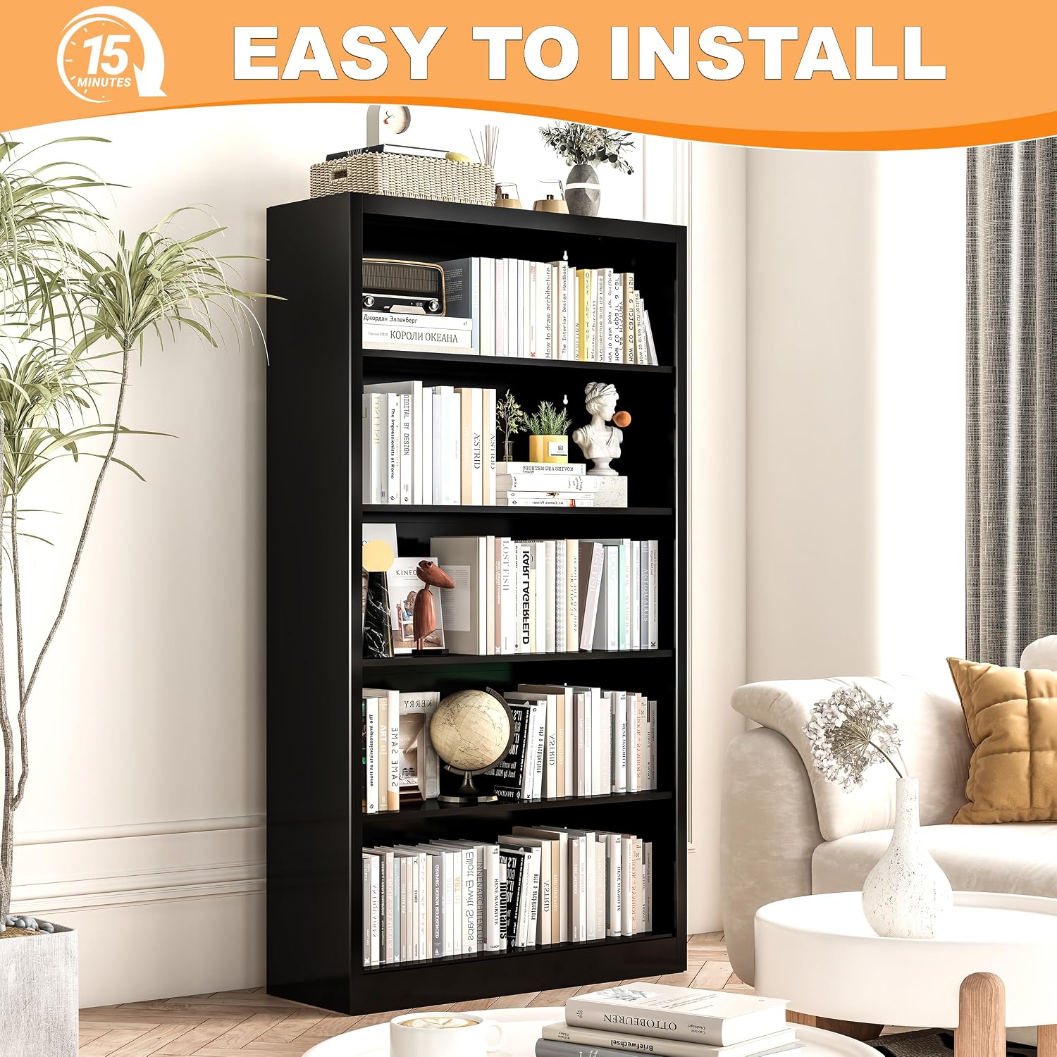 VASAAOSD Black Bookshelf, 55' Adjustable Tall Metal Bookshelf, 5-Tier Toy Storage Organizer with Anti-Tilt Device, Modern Book Cases and Book Shelves for Bedroom, Playroom, Classroom, Study