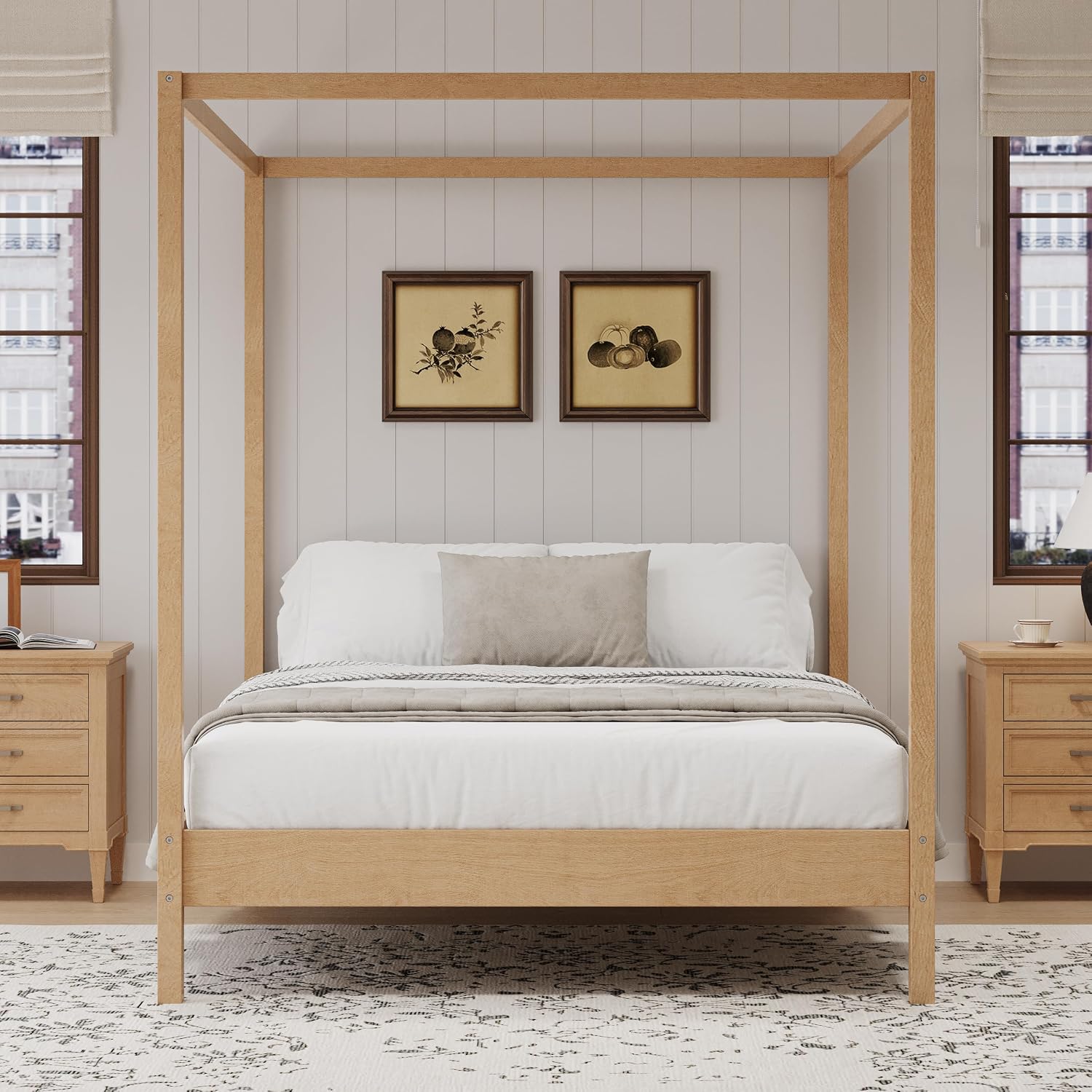 King Size Canopy Platform Bed, Wood 4 Poster Bed Frame, No Box Spring Needed (Natural, King)