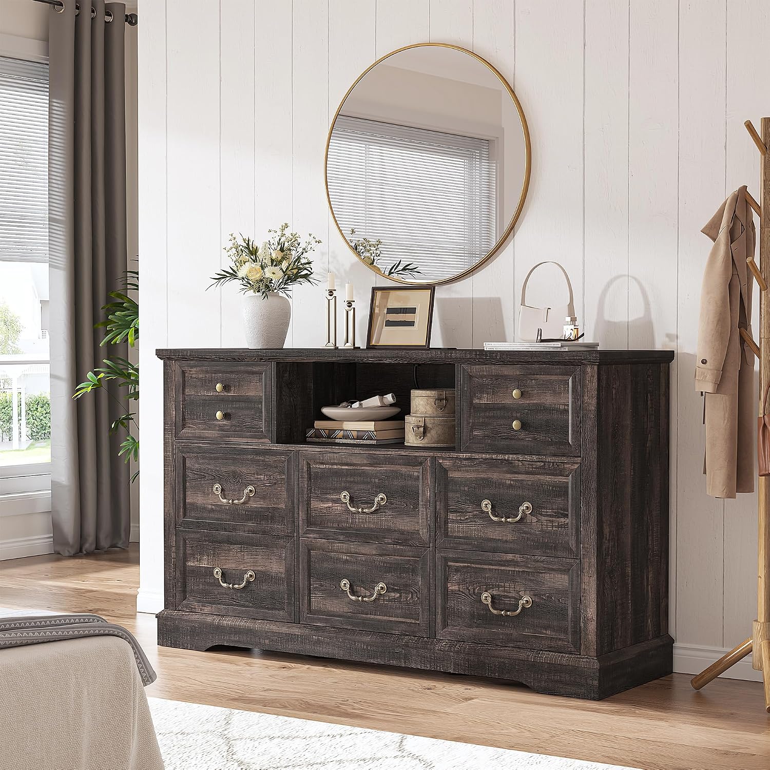 EnHomee 8 Drawers Dresser with Power Outlets and LED Lights,55' W Rustic Wooden Dressers & Chests of Drawers for Bedroom, Hallway, Rustic Oak, 55' W x 34.5' H x 15.7' D