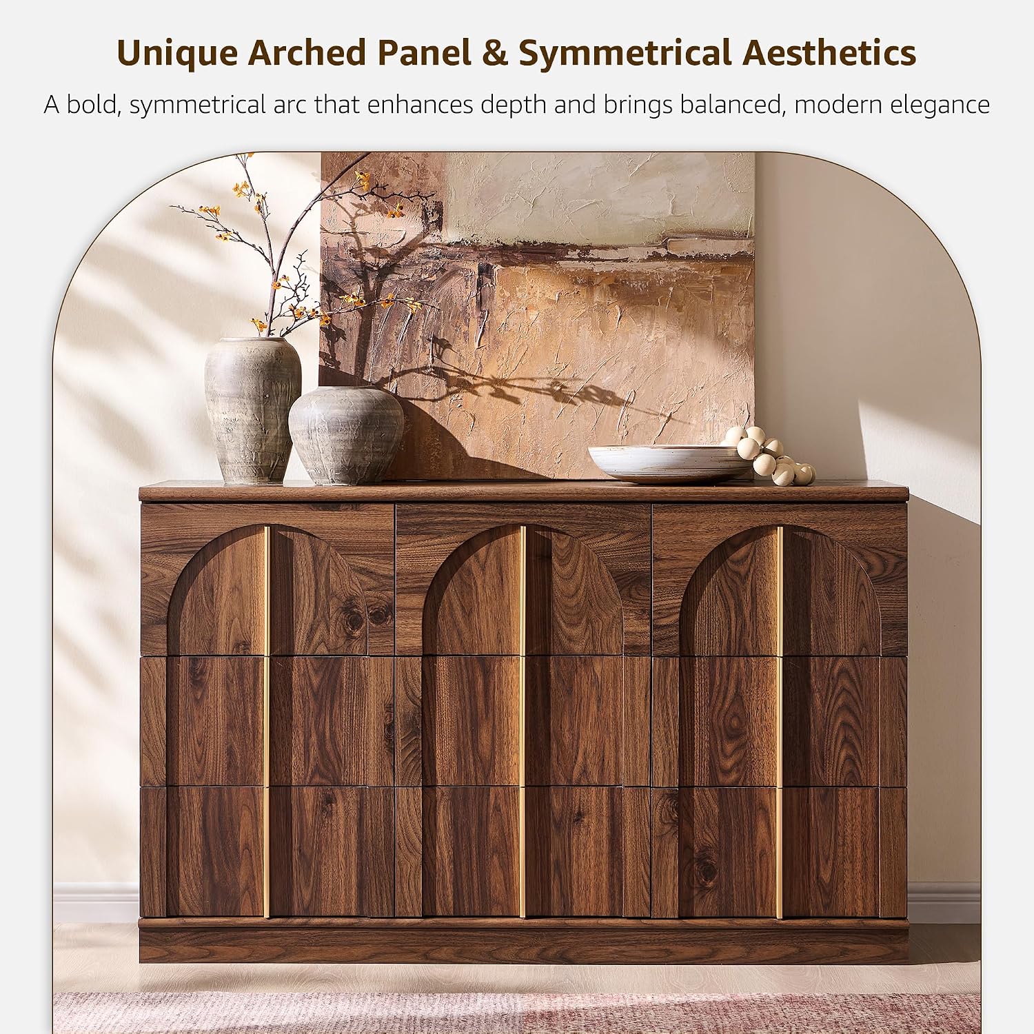 ACCOHOHO Arched Dresser for Bedroom with 9 Drawers, 52' Wide Modern Chest of Drawers with Rounded Edge & Metal Handles, Wood Storage Closet Dressers TV Stand for Living Room, Hallway, Brown