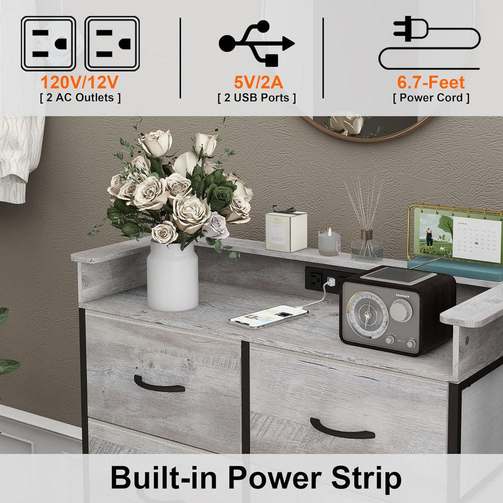Dresser for Bedroom with Charing Station Grey Dresser with LED Lights Tall Dressers with 8 Drawers Storage Tower for Closet Living Room Hallway Entryway Sturdy Steel Frame Wood Top