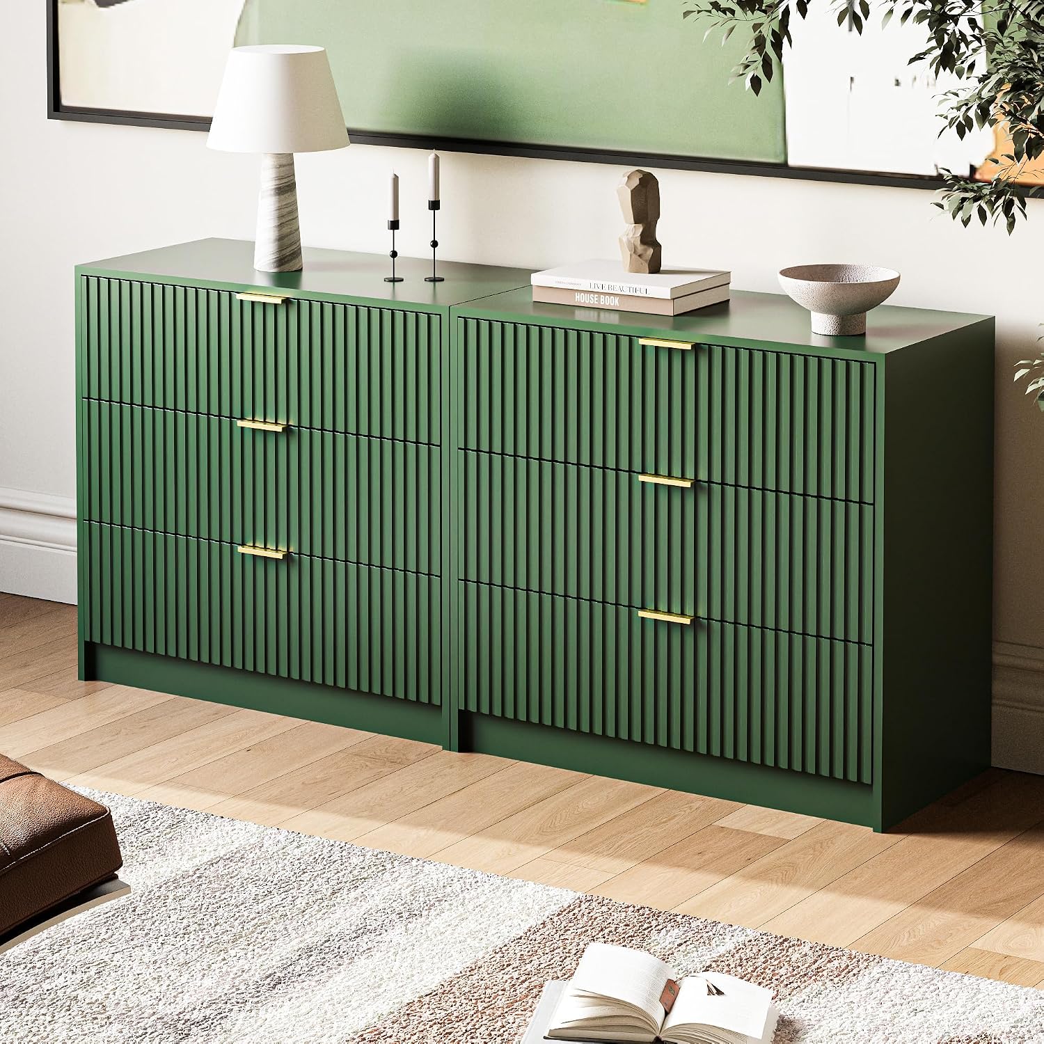MAISONARIA Green Fluted Dresser for Bedroom, 32 Inch Wide Nightstand with Large Drawer, 3 Drawer End Table for Bedroom, Living Rooms, Offices, and Entryways