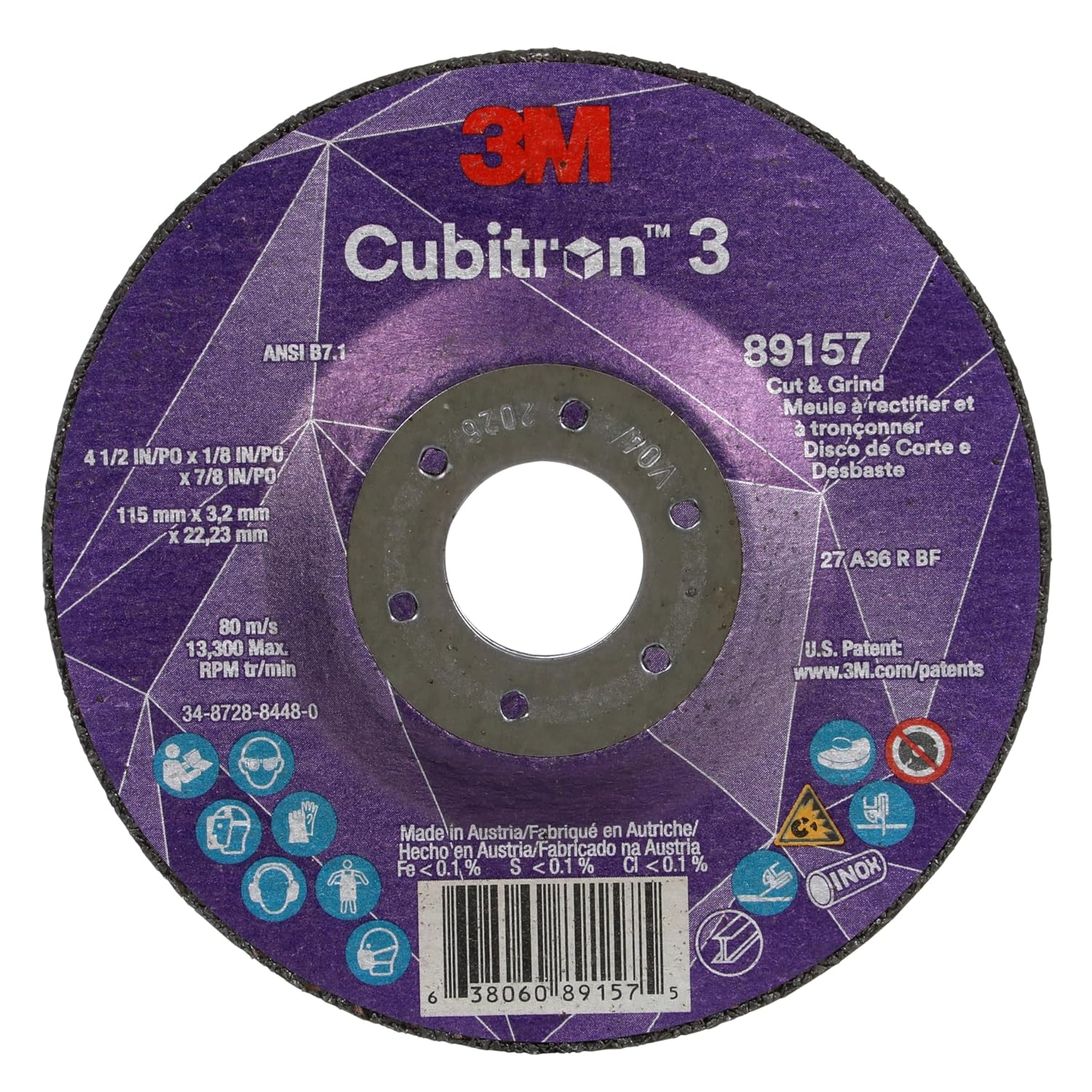 3M Cubitron 3 Cut and Grind Wheel, 89157, 36+, T27, 4-1/2 in x 1/8 in x 7/8 in, Pack of 10, ANSI, Longer Life, Faster Cut, Back-Gouging, Fillet Weld Removal, Cutting, Grinding