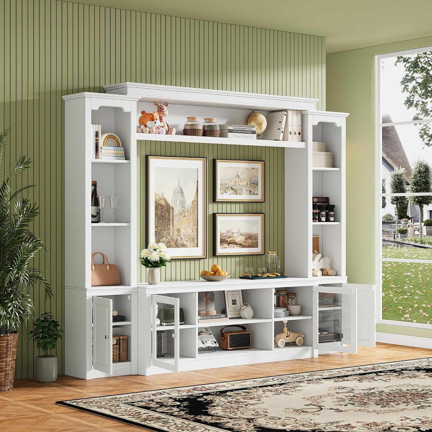 4-Piece Entertainment Center Wall Unit for TVs up to 65', Modern TV Stand with Bookshelves, Glass Doors & 4 Adjustable Shelves, Large Media Console Table with Display Cabinet for Living Room, White