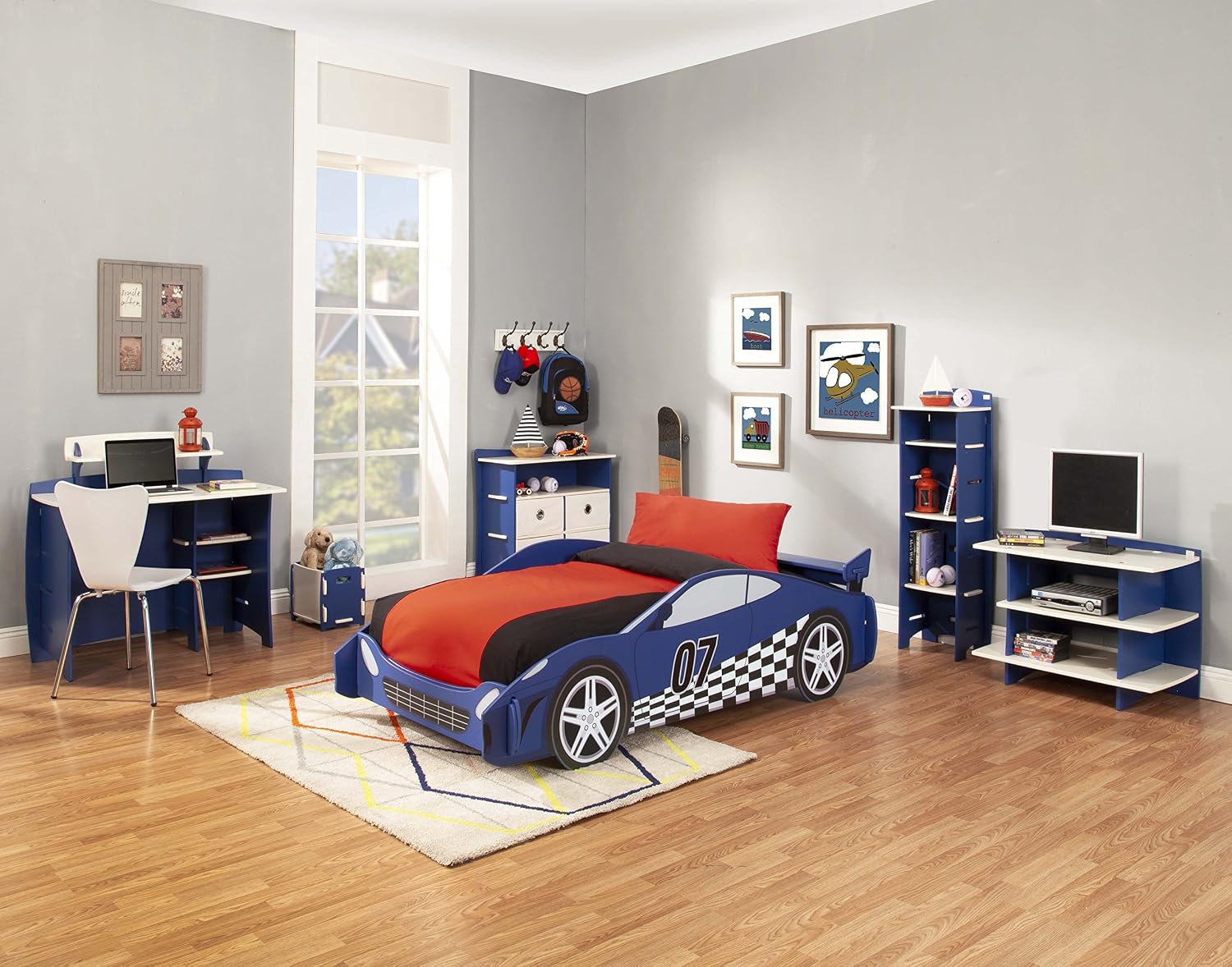 Legaré Furniture Children's Desk with Shelves and File Cart Set for Kids, Blue Race Car Series Desk, Blue and White