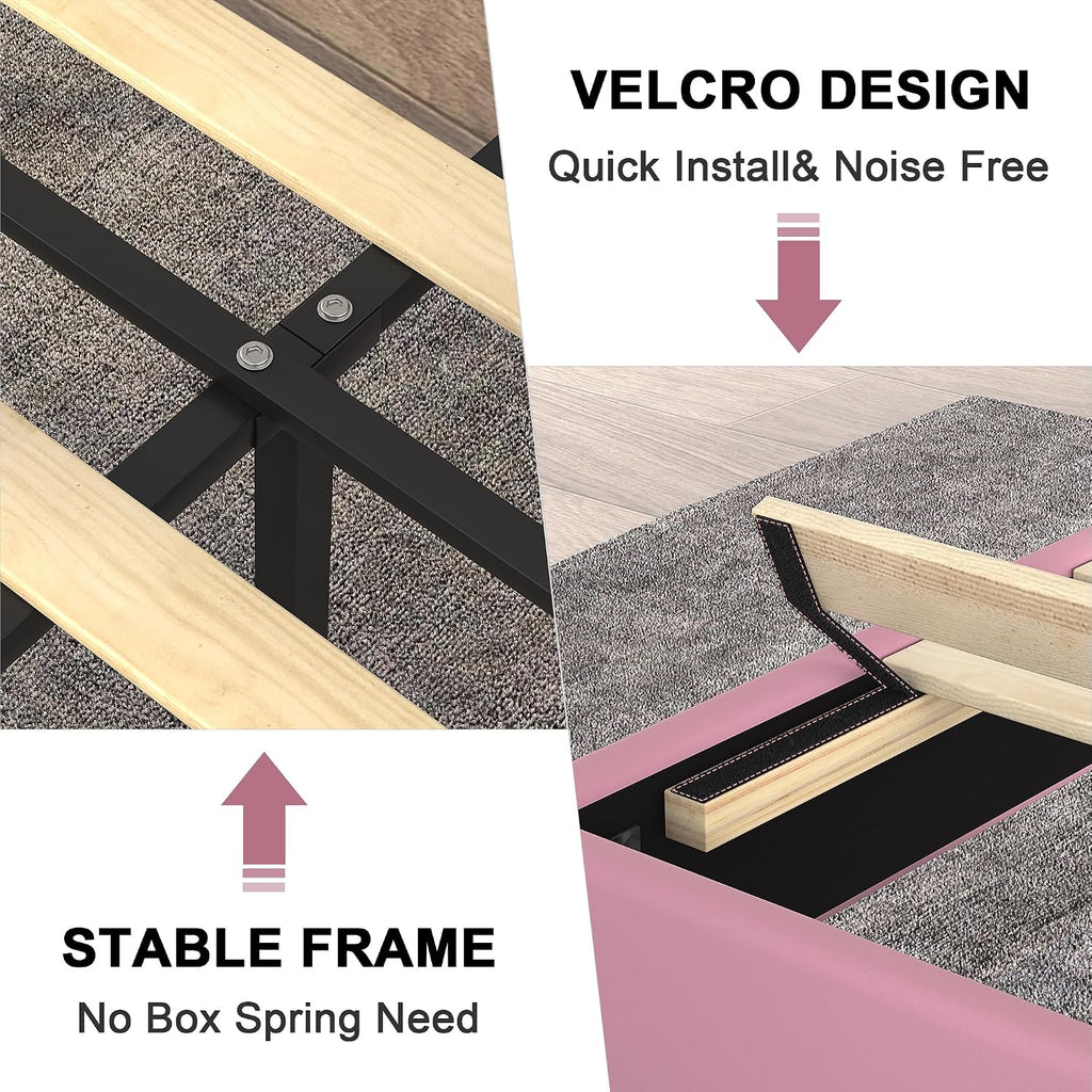 VECELO Full Bed Frames, Upholstered Platform Bedframe, Adjustable Headboard, Wood Slat Support, No Box Spring Needed, Easy Assembly, Cherry Pink