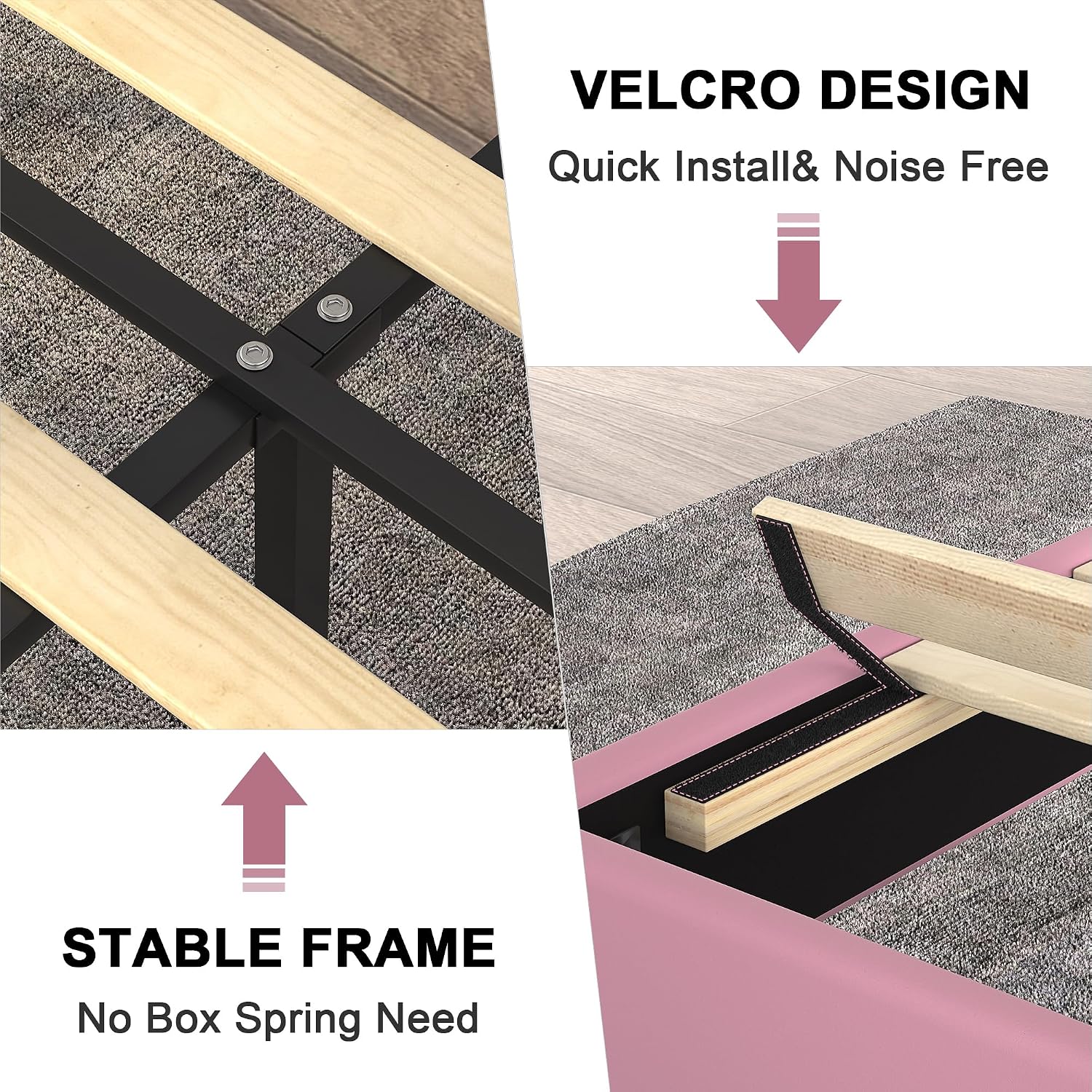VECELO Full Bed Frames, Upholstered Platform Bedframe, Adjustable Headboard, Wood Slat Support, No Box Spring Needed, Easy Assembly, Cherry Pink