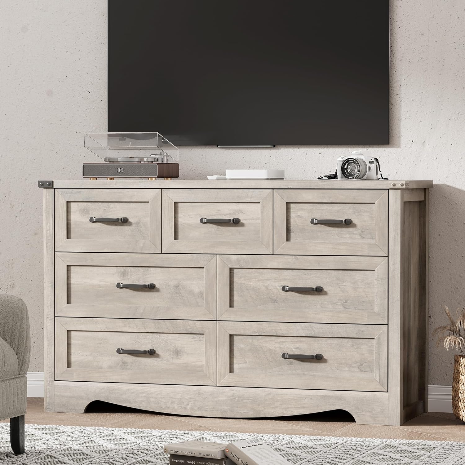 Dresser for Bedroom with 7 Drawers, 48' Wide Modern Chest of Drawers with Deep Drawers & Mental Handle, Wood Dresser TV Stand, Wooden Closet Storage Organizer for Living Room, Hallway, Entryway, Grey