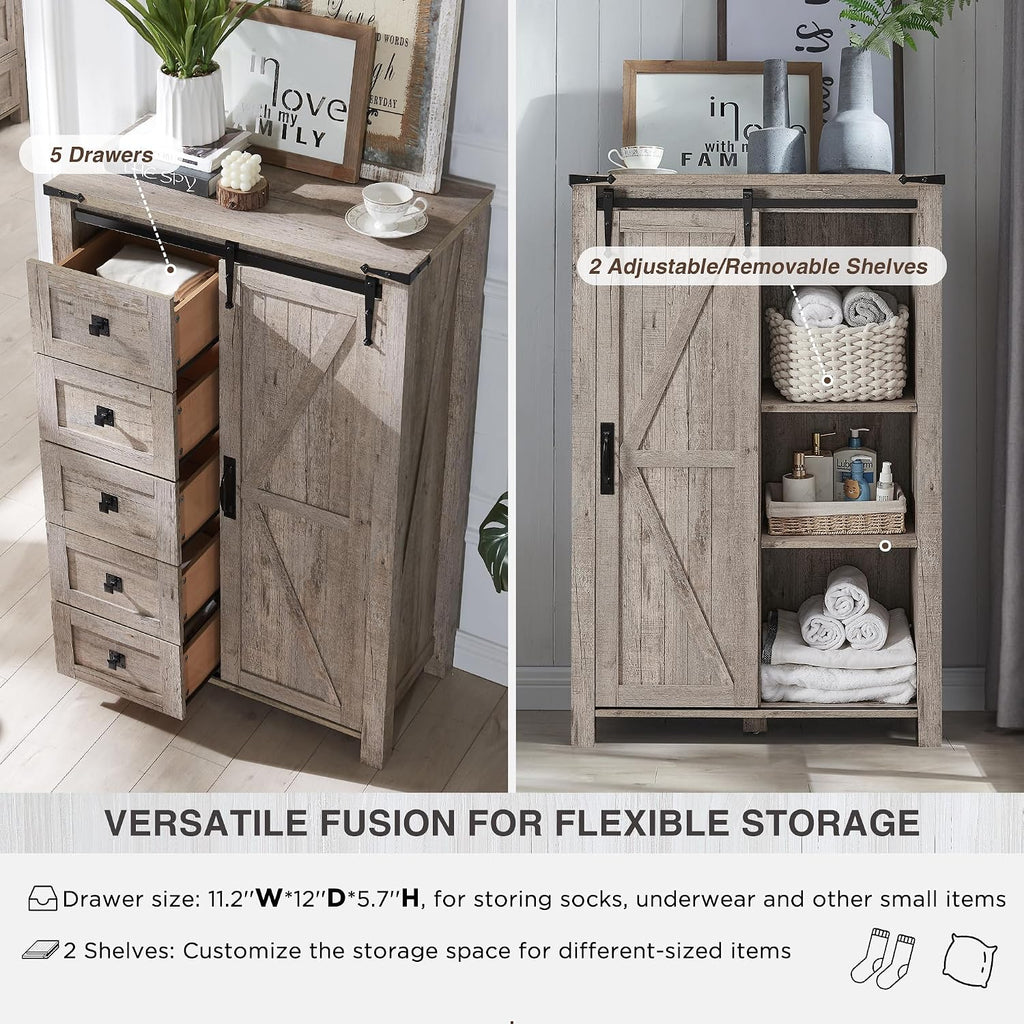 T4TREAM 5 Drawers Dresser for Bedroom w/Sliding Barn Door, Farmhouse Modern Tall Dresser 5 Chest of Drawers, Storage Organizer for Bedroom, Hallway, Living Room, Kids Room, Light Rustic Oak