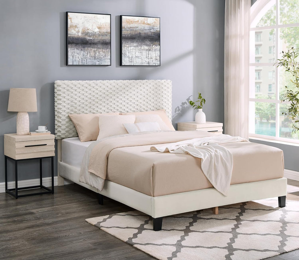 3-Piece Bedroom Set, Plush 3D Upholstered Bed with Two Nightstands, Full