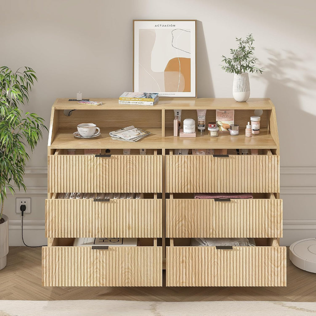 Fluted Dresser for Closet, Boho Bedroom 6 Drawer Dresser TV Stand with Charging Station, Oak Wide Chest of Drawers, Farmhouse Wood Closet Clothes Storage for Living Room, Metal Handle, 47'