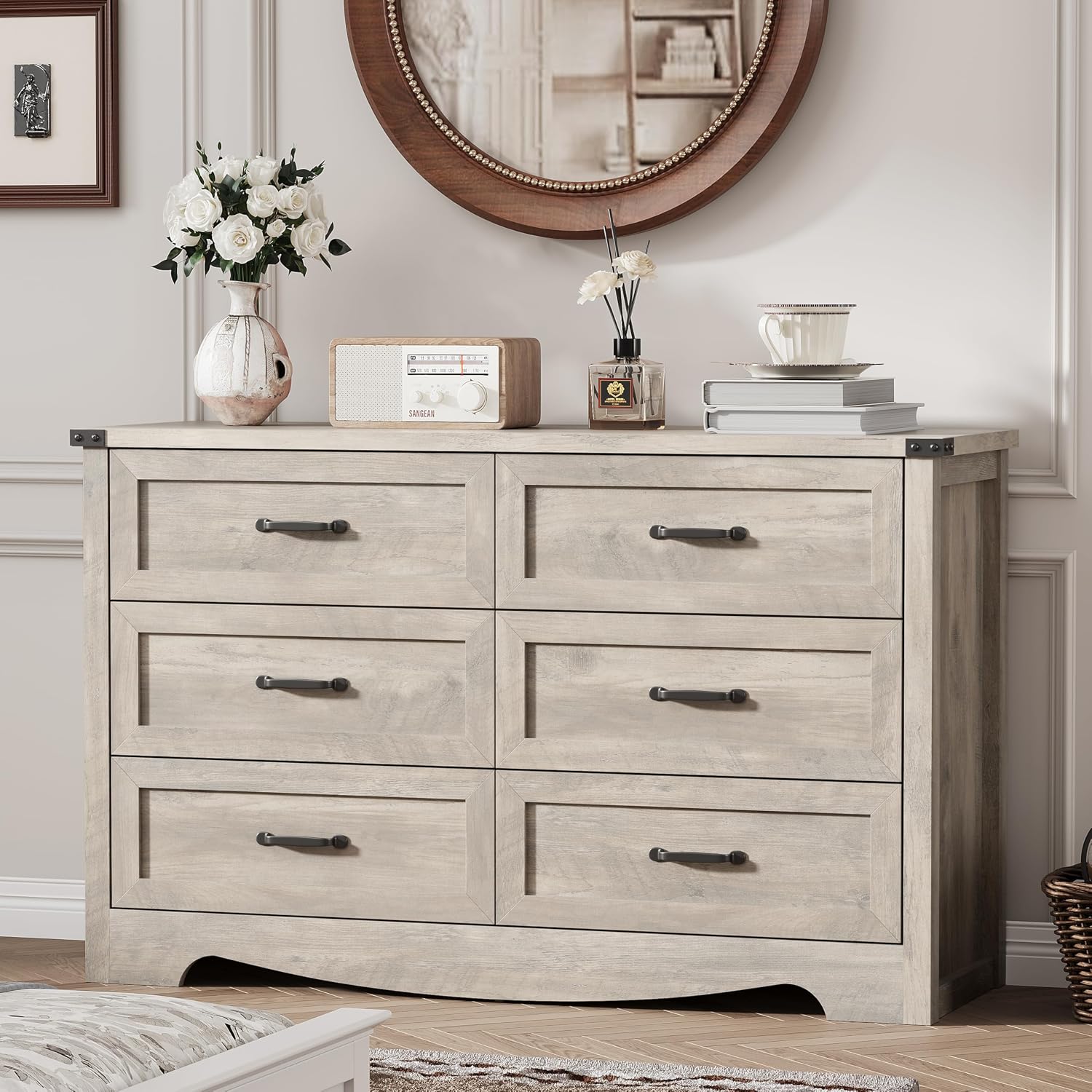 Dresser for Bedroom with 6 Drawers, 48' Wide Wood Chest of Drawers with Deep Drawers & Mental Handle, Modern Dresser TV Stand, Wooden Closet Storage Organizer for Living Room, Hallway, Entryway, Grey