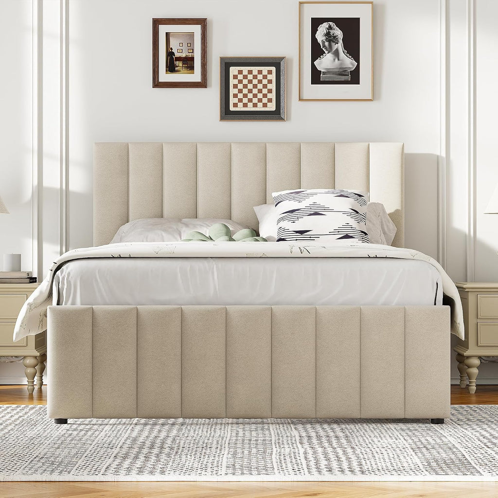 VilroCaz Full Size Upholstered Platform Bed with Trundle and 3 Drawers, Linen Fabric Platform Bed Frame with Stripe Headboard, No Box Spring Needed, Space Savings (Beige-6.16)
